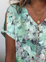 Women's Floral Print Casual V-Neck Pearl Button T-Shirt