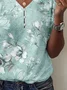 Women's Floral Print Casual V-Neck Pearl Button T-Shirt
