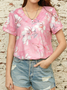 Print Casual V Neck Short Sleeve T-Shirt