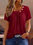 Women's Short Sleeve T-shirt Summer Red Plain Buckle Crew Neck Daily Going Out Casual Top