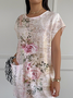 Floral Vintage Crew Neck Loose Dress With No