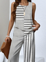 Casual Regular Fit Crew Neck Striped Two-Piece Set With No