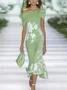 Women's Cap Sleeve Summer Green Floral Printing Cold Shoulder Daily Going Out Vintage Maxi H-Line Dress