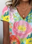 Women's Floral Print Casual V-Neck Short Sleeve T-Shirt