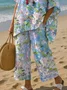 Women's Oil Painting Flowers Print T-shirt And Pants Two Piece Set