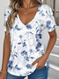 Cotton Casual Floral V Neck T-Shirt