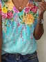 Women's Floral Print Casual V-Neck Short Sleeve T-Shirt