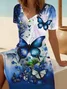 Women's Floral Butterfly Print Casual V-Neck Short Sleeve Dress