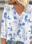 Loose Simple V Neck Floral Blouse