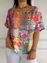 Crew Neck Geometric Cotton-Blend Casual T-Shirt