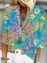 Women's Three Quarter Sleeve Blouse Spring/Fall Blue Floral Printing V Neck Daily Going Out Casual Top