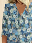 Women's Three Quarter Sleeve Blouse Spring/Fall Blue Floral Printing V Neck Daily Going Out Casual Top