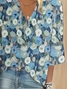 Women's Three Quarter Sleeve Blouse Spring/Fall Blue Floral Printing V Neck Daily Going Out Casual Top