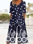 V Neck Vintage Gradient Pattern Loose Jumpsuit
