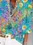 Women's Three Quarter Sleeve Blouse Spring/Fall Blue Floral Printing V Neck Daily Going Out Casual Top
