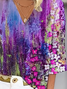 Women's Three Quarter Sleeve Blouse Spring/Fall Purple Floral Printing V Neck Daily Going Out Casual Top