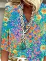 Women's Three Quarter Sleeve Blouse Spring/Fall Blue Floral Printing V Neck Daily Going Out Casual Top