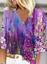 Women's Three Quarter Sleeve Blouse Spring/Fall Purple Floral Printing V Neck Daily Going Out Casual Top