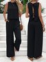Plain Casual Crew Neck Two-Piece Set