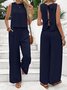 Plain Casual Crew Neck Two-Piece Set