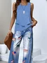 Casual Faux Denim Print Graphic Crew Neck Regular Fit Two-Piece Set