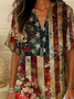 Women's Independence Day Floral Print Casual V-Neck Short Sleeve Shirt