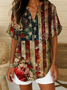 Women's Independence Day Floral Print Casual V-Neck Short Sleeve Shirt