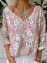 Floral V Neck Jersey Casual T-Shirt