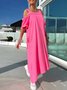 Casual Plain Off Shoulder Sleeve Spaghetti Maxi Dress