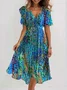 Women's Short Sleeve Summer Green Floral Printing V Neck Daily Going Out Vintage Maxi A-Line Ruffle Skirt Dress