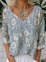Floral V Neck Jersey Casual T-Shirt