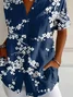 Women's Short Sleeve Shirt Summer Deep Blue Floral Printing Shirt Collar Daily Going Out Casual Top
