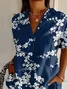 Women's Short Sleeve Shirt Summer Deep Blue Floral Printing Shirt Collar Daily Going Out Casual Top