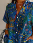 Women's Short Sleeve Shirt Summer Blue Floral Printing Shirt Collar Daily Going Out Casual Top