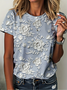 Women's Short Sleeve T-shirt Summer Blue Floral Printing Crew Neck Daily Going Out Casual Top
