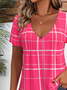 Loose Simple V Neck Plaid T-Shirt