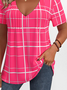 Loose Simple V Neck Plaid T-Shirt