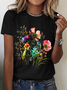 Womens Cotton Floral Crew Neck T Shirts Cotton T-Shirt