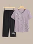 Women's Embroidery Plain Daily Going Out Two-Piece Set Purple Casual Summer Top With Pants Matching Set