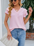 Women's Short Sleeve T-shirt Summer Sky Blue Plain V Neck Ruffle Sleeve Daily Going Out Casual Top