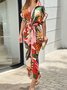Women's Half Sleeve Summer Purple Floral Split Joint Shirt Collar Daily Going Out Vintage Maxi A-Line Hip Skirt Dress