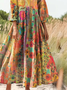 Women's Bohemian Floral Print Flowy Cotton Crew Neck Dress
