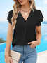 Women's Short Sleeve T-shirt Summer Sky Blue Plain V Neck Ruffle Sleeve Daily Going Out Casual Top