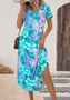 Women's V-neck short-sleeved side-slit long skirt