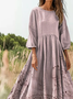 Women's Vintage Floral Texture Art Print Flowy Cotton Crew Neck Dress