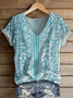 Women's Short Sleeve T-shirt Summer Blue Floral Printing V Neck Daily Going Out Casual Top