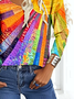 Loose Multicolor Block V Neck Casual Blouse