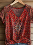 Women's Short Sleeve T-shirt Summer Red Floral Printing V Neck Daily Going Out Casual Top