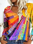 Loose Multicolor Block V Neck Casual Blouse