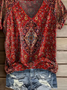 Women's Short Sleeve T-shirt Summer Red Floral Printing V Neck Daily Going Out Casual Top